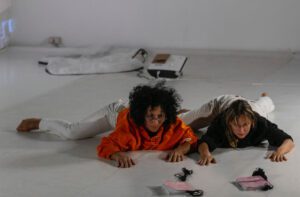 SIDE A of the performance THE WAKE OF SLEEP, SIDE A & B (2020). Concept: Sara Gebran. Choreography & dance: Olivia Riviere & Sara Gebran. Photo: Robin Bery.